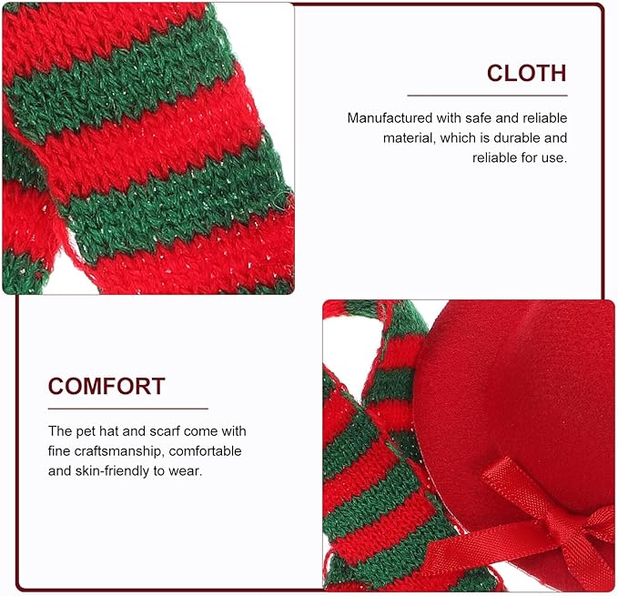 Lurrose Pet Dog Hat and Scarf Set, Small Red Party Hat with Red-Green Knit Scarf 2pcs, Xmas Pet Supplies for Holiday Cosplay and Festive Dress-up