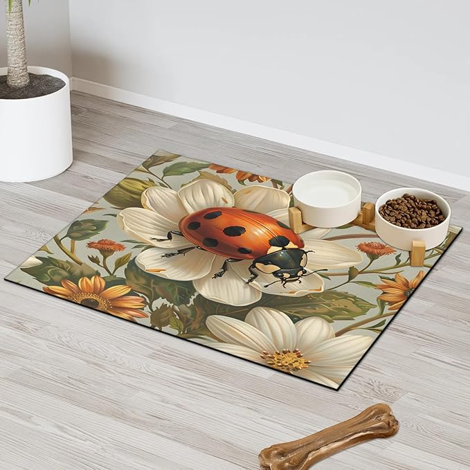 Ladybird Dog Food Mat for Floors Absorbent, Quick Dry Water Dispenser Mat for Food, Water, Pet Supplies 12" x 20", Daisy Flower