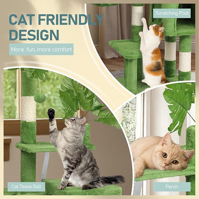 48in Plush Cat Tree with Leaves, Multi-Level Cat Tower with Scratching Post, Cozy Condo & Padded Perch, Dangling Ball for Kittens and Indoor Cats, Compact Cat Furniture for Small Spaces, Green