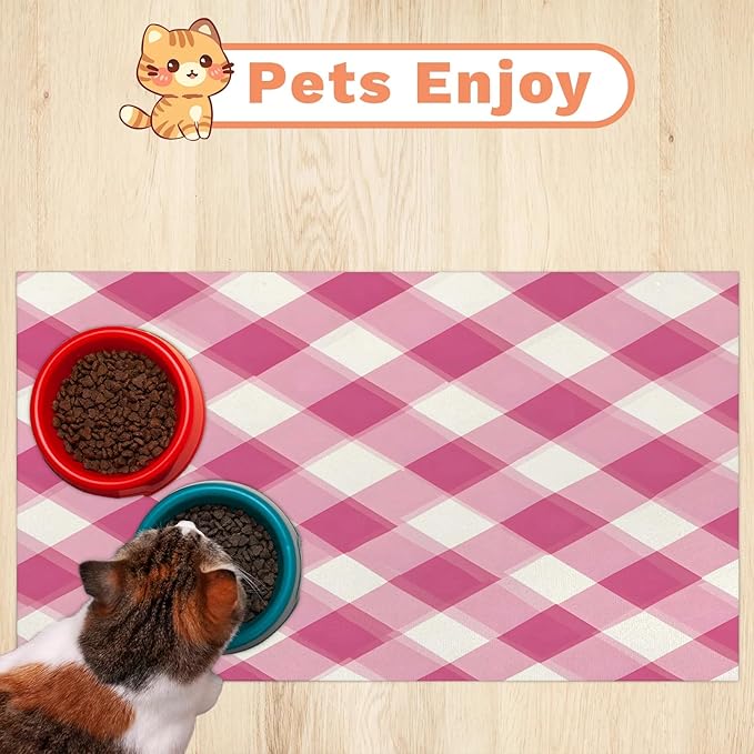 Pink Plaid Dog Food Mat for Floors Absorbent, Quick Dry Water Dispenser Mat for Food, Water, Pet Supplies 12" x 20", Checkerboard