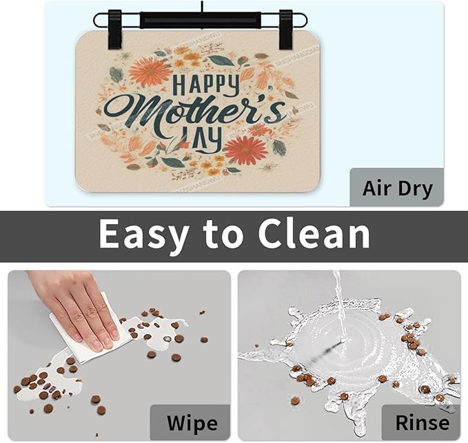 Pet Feeding Mats with Residue Collection Happy Mother's Day Floral Gift for Mom Ba Waterproof Dog Cat Bowl Mat 18X12In with Prevent Water Food Spills