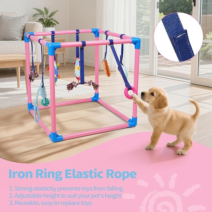 Liitrton Puppy Play Gym - Small Dogs Play Gym with 8 Hanging Toys, Indoor Puppy Jungle Gym with Interactive Dog Enrichment Toys, 19.5"x19.5"x19.5" PVC Frame (Pink)