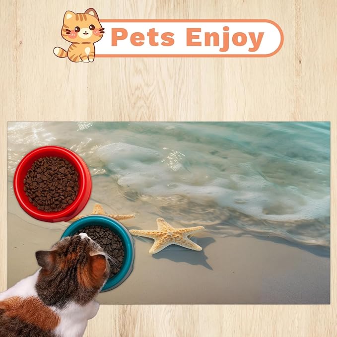 Starfish Dog Food Mat for Floors Absorbent, Quick Dry Water Dispenser Mat for Food, Water, Pet Supplies 17" x 30", Ocean Beach