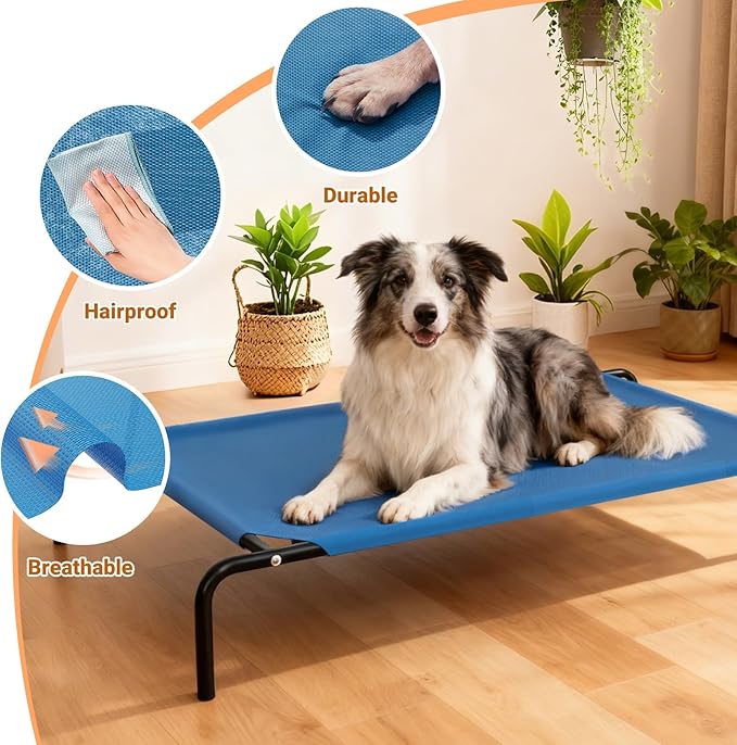 Elevated Cooling Dog Bed for Large Dogs,Waterproof Outdoor Pet Cot with Washable Breathable Mesh,Non-Slip Feet,Comfortable Dry Raised Dog Bed,50.8 x 31 x 8 Inches,Blue