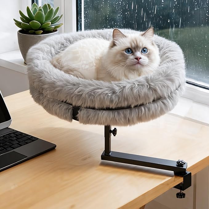 Cat Bed for Desk 360° Rotating, Cat Desk Bed with Adjustable Height, Removable Desk Mounted Kitty Bed with Soft Fur, Desktop Cat's Hammock Supports 33 lbs for Table Home Office Indoor