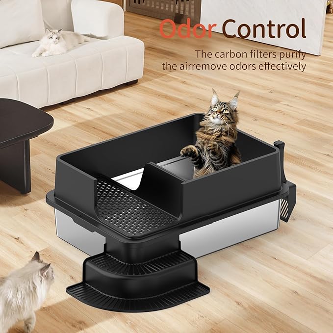 XXXL Stainless Steel Litter Box, 28"x20"x12" Extra Large Semi Enclosed High Sided Metal Cat Litter Box with Filtered Grid, Step, Scoop, Non-Sticky, Non-Odor, Easy Cleaning (Black)