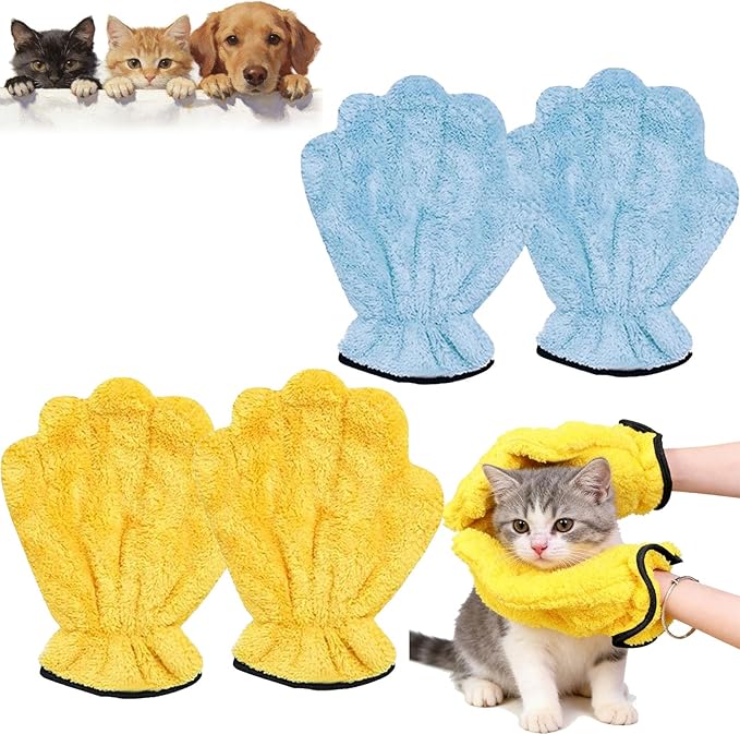 2026 New Corals Fleece Pet Grooming Gloves, Soft Cat Bathing Mitts, Gentle Absorbent Towel Gloves, Reusable and Lightweight, Quickly Drying Dogs Cats (Blue+Yellow, 4pcs)