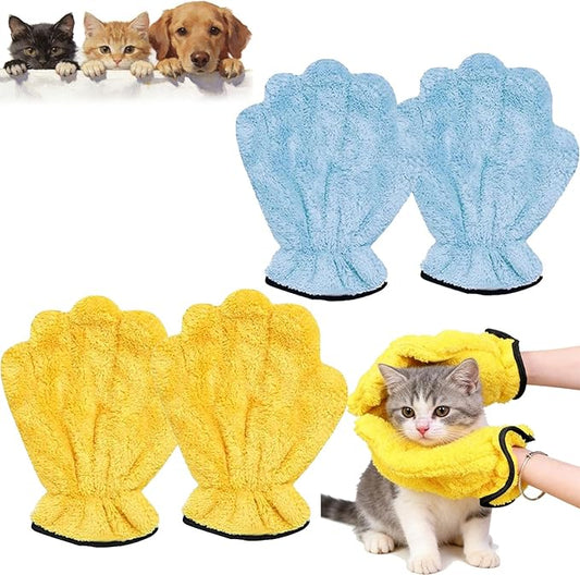2026 New Corals Fleece Pet Grooming Gloves, Soft Cat Bathing Mitts, Gentle Absorbent Towel Gloves, Reusable and Lightweight, Quickly Drying Dogs Cats (Blue+Yellow, 4pcs)
