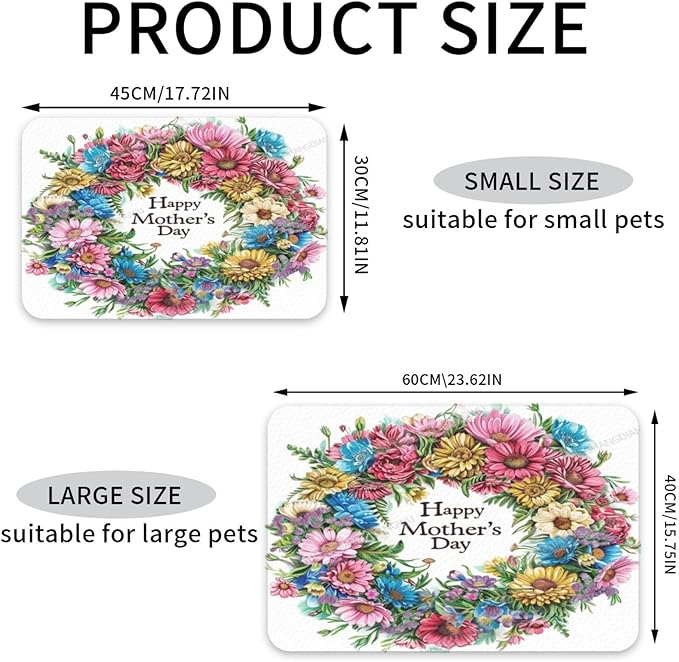 Pet Feeding Mats with Residue Collection Happy Mother's Day Floral Gift for Mom Ca Waterproof Dog Cat Bowl Mat 24x16In with Prevent Water Food Spills