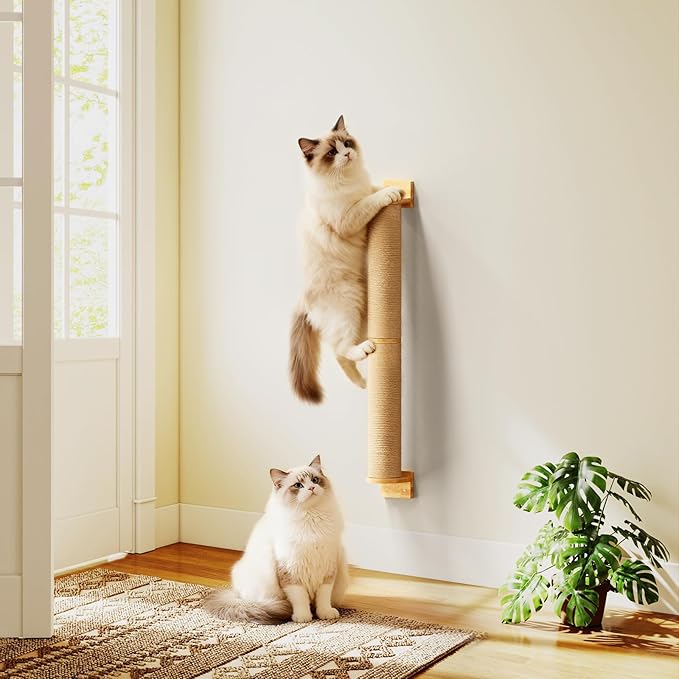 Cat Wall Scratcher Post- 35" Thicker Columns Wall Mounted Rubber Wood Sisal Scratching Post Furniture for Large Cats and Kittens