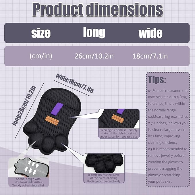 2PCS Paw Shape Pet Hair Removal Glove for Dogs & Cats, Reusable Electrostatic Lint Remover Brush for Couch, Carpet, Clothing, Bed, Car Seat, Upgraded Design（Black）