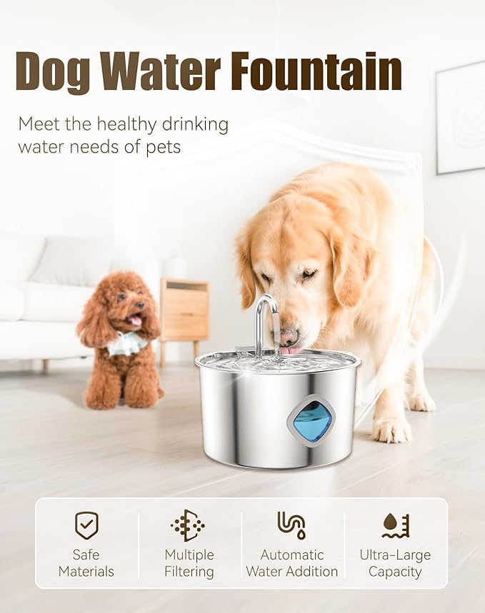 Dog Bowl for Small Dogs (with 10 Filter, 3.2L/108Oz) Stainless Steel Quiet Dog Water Bowl with Visual Water Level & Quadruple Filtration for Pets(1PCS+10 Filter, 1)