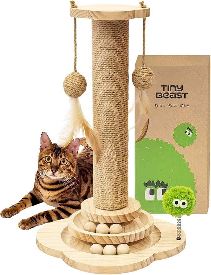 TINYBEAST Wooden Cat Scratching Post, 4 in 1 Cat Scratcher Toy with Cat Ball Tracks, 18" Tall Sisal Scratch Post for Indoor Kittens Adult Cats, Interactive Feather Toy and 2 Sisal Hanging Balls