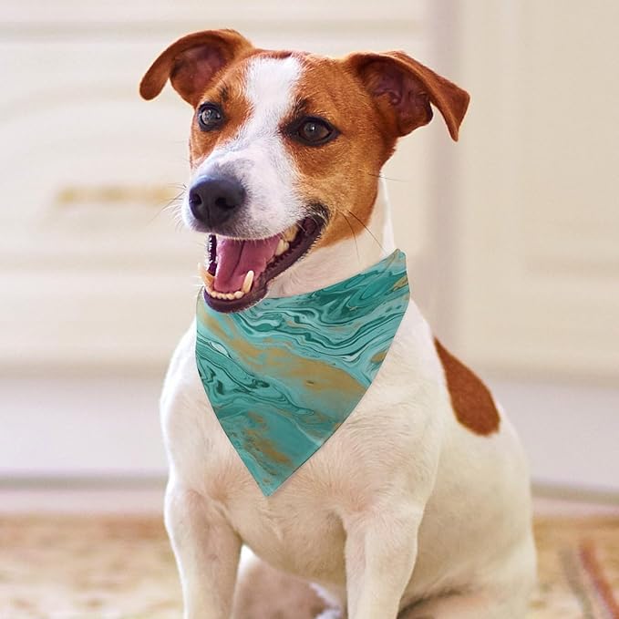 Dog Bandana Spring Pet Scarf Adjustable Triangle Teal and Gold Marble Printing Dog Bib Washable Polyester Puppy Bandana for Small Medium Large Dogs Cat Birthday Party Supplies