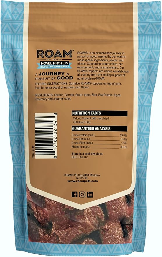 ROAM Pet Treats Ossy Exotic Dog Topper - Single Protein, Sustainably Raised Ostrich Meat Dog Food Topper - Non-GMO Ostrich Dog Treat 4 Ounce