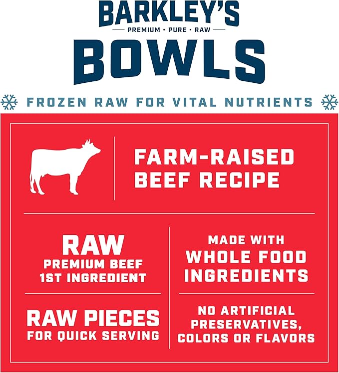 Barkley’s Bowls, Frozen Raw Beef Dog Food, Fresh Whole Food Ingredients with Farm-Raised Beef, Grain Free, High Protein, Dog Food Toppers, Frozen Meals, Human Grade Ingredients, 4 lb (1 Pack)