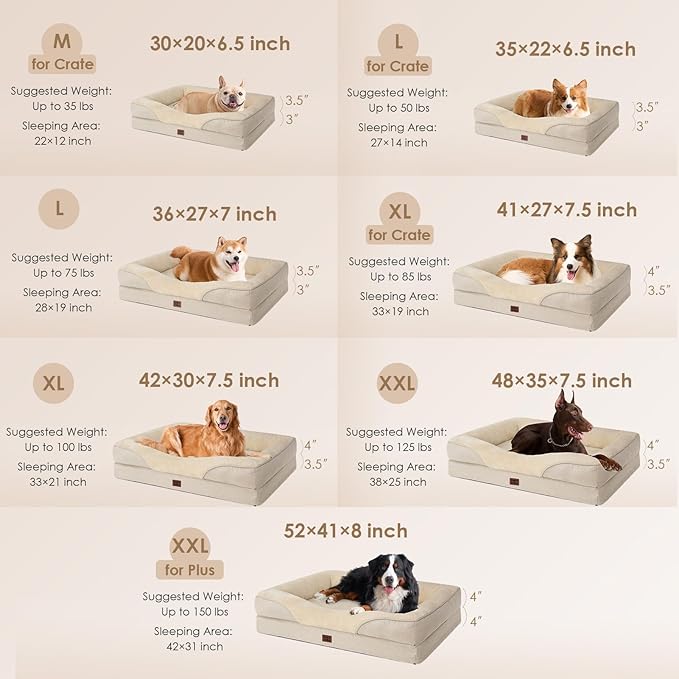 EHEYCIGA Orthopedic XXL Dog Bed for Large Sized Dog, 52x41x8 Inch Extra Large Memory Foam Dog Couch Bed with Sides, Waterproof Liner & Washable Removable Cover, Bolster Pet Sofa, Beige