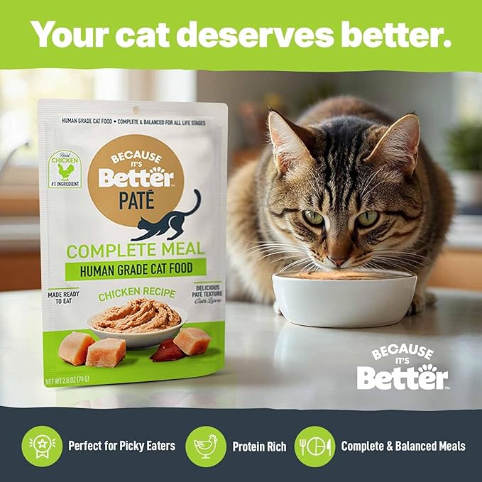 Because It's Better Pate Complete Meal, Chicken Recipe, 2.6 oz Pouches, Wet Cat Food, 12 Count