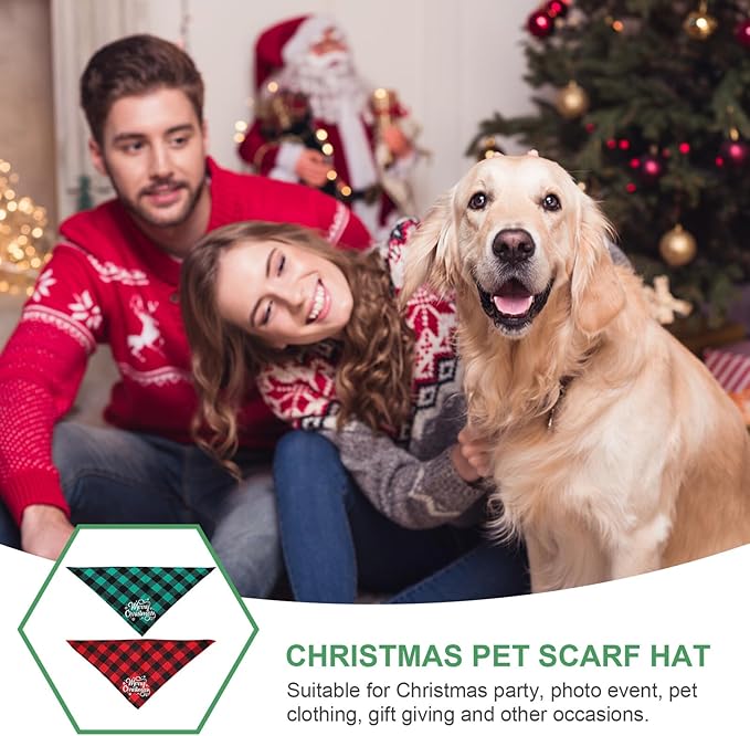2pcs Christmas Plaid Dog Scarves with Xmas Triangle Bibs, Cotton Pet Bandanas for Small to Medium Dogs, Festive Holiday Supplies for Winter Celebration