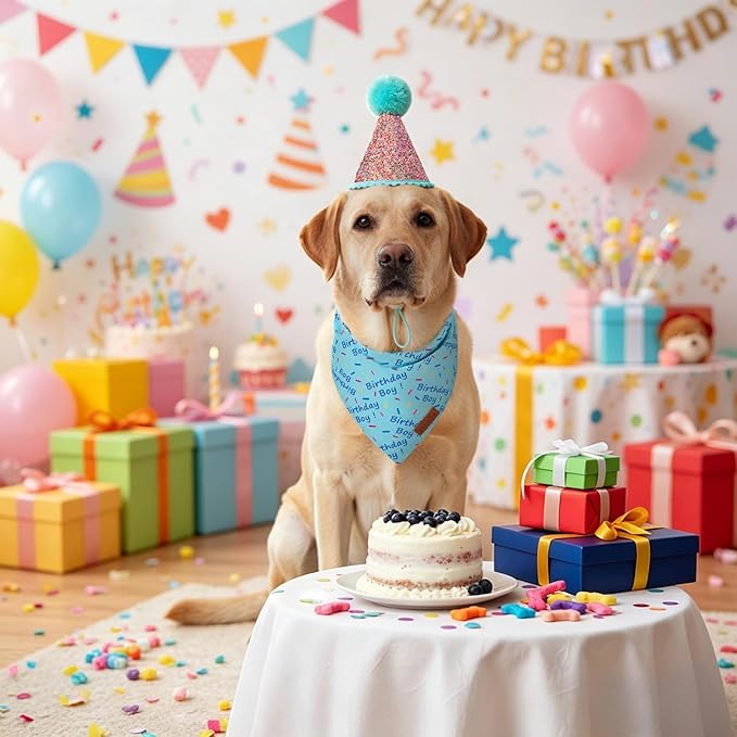 PTDECOR Dog Birthday Party Supplies, Blue Birthday Boy Bandana, Glitter Dog Birthday Hat with Numbers for Large X-Large Dogs Pets (X-Large)