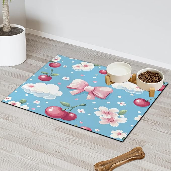 Pink Cherry Dog Food Mat for Floors Absorbent Dog Bowl Mat for Food and Water Dispenser Quick Dry Cat Food Placemat Pet Supplies 12" x 20", Bowknot Cloud