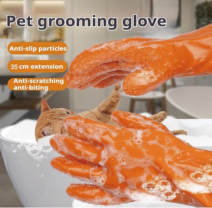 YOFANG Newly Pet Grooming Gloves for Washing Dogs & Cats, 4-in-1 Long Bathing Massage Hair Remover Brush, Anti-Slip Bite-Proof for Cat,Deshedding Glove with Soft 3500+ Particles, Orange-14