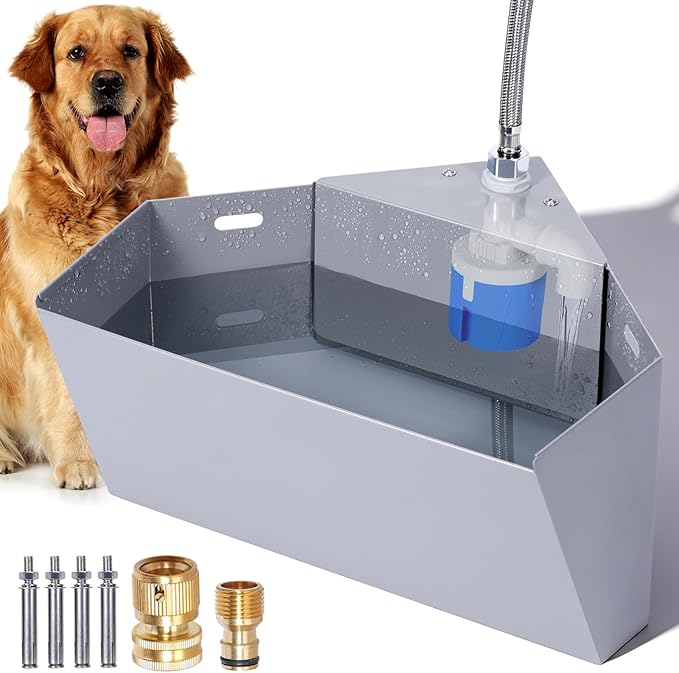 Stainless Steel Automatic Dog Water Bowl Dispenser Outdoor Corner Wall Mount, 6L/1.6 Gallon Automatic Waterer Feeder, Self Filling Livestock Water Trough for Large Breed and Chicken