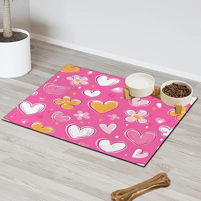 Love Heart Dog Food Mat for Floors Absorbent, Quick Dry Water Dispenser Mat for Food, Water, Pet Supplies 12" x 20", Pink Yellow