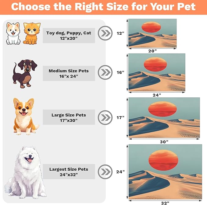 Sun Sunrise Dog Food Mat for Floors Absorbent, Quick Dry Water Dispenser Mat for Food, Water, Pet Supplies 24" x 32", Desert