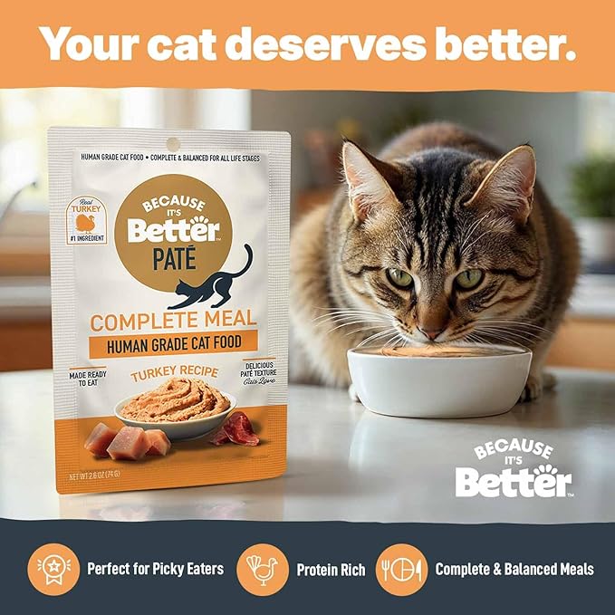 Because It's Better Pate Complete Meal, Turkey Recipe, 2.6 oz Pouches, Wet Cat Food, 12 Count