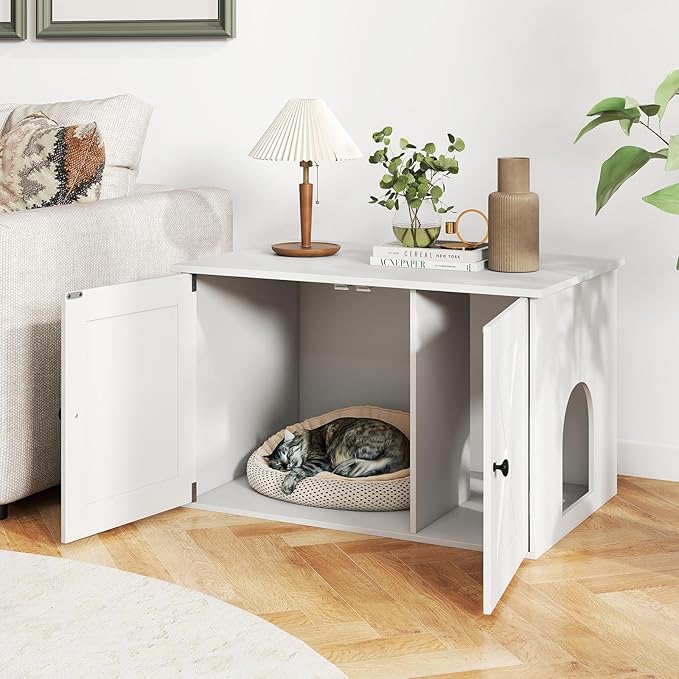 Tangkula Cat Litter Box Enclosure, Hidden Cat Washroom Cabinet with Double Doors, Divider, Side Entry, Indoor Wooden Cat House End Table, Enclosed Litter Box Furniture (White)