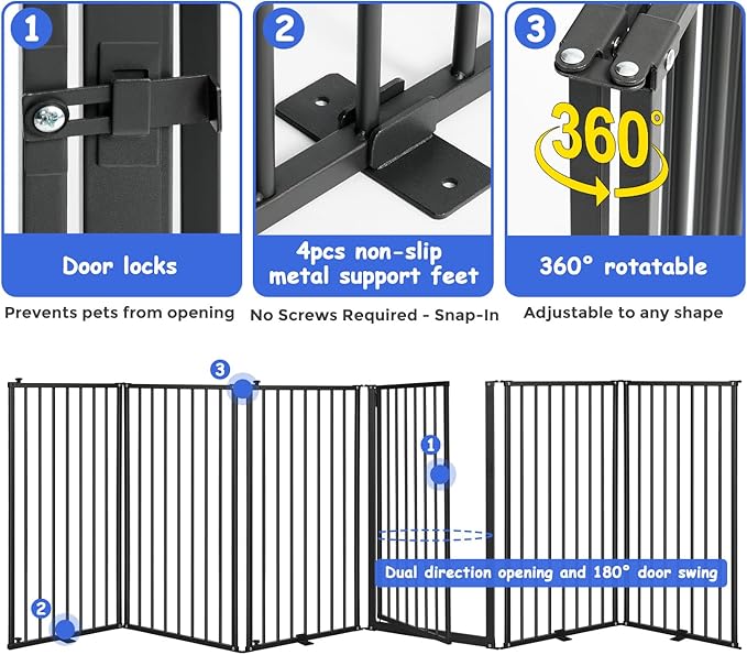 6 Panels Metal Freestanding Dog Gates with Door,120''W Detachable Foldable Dog Fence Indoor Outdoor Puppy Gate, 32''H Free Standing Tall Pet Gate for Doorways,House,Stairs,Porch,Deck,Yard