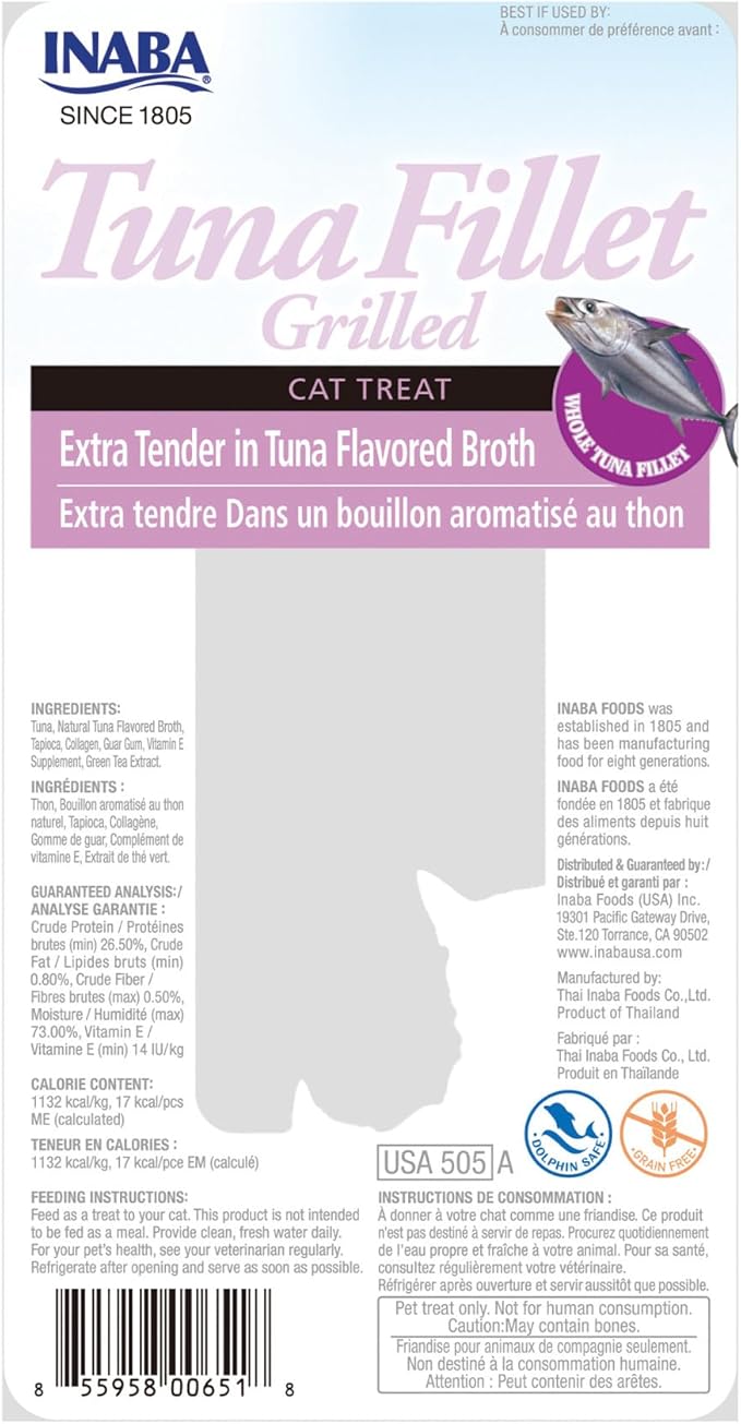 INABA Premium Hand-Cut Grilled Tuna Fillet Cat Treats/Topper with Vitamin E and Green Tea Extract, 14 Grams Each, Pack of 6, Extra Tender Tuna Broth