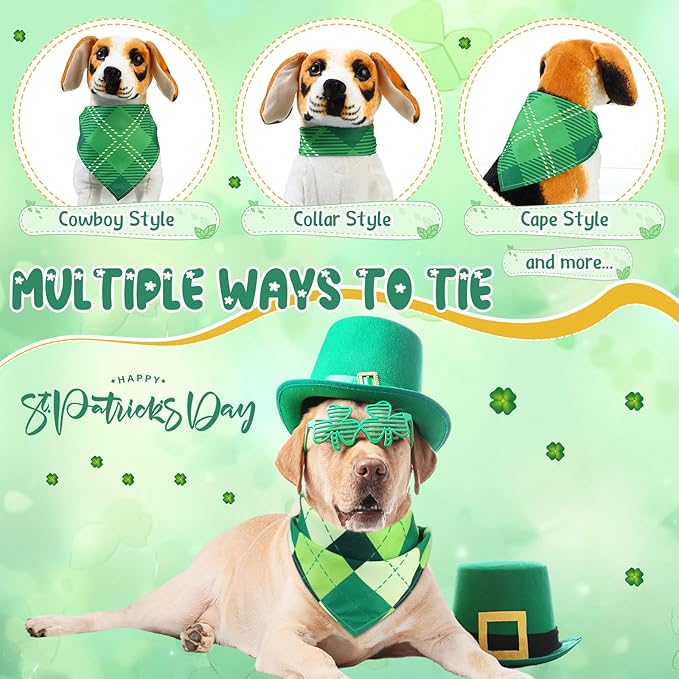 Kacctyen 300 Pcs St. Patrick's Day Plaid Dog Bandanas Bulk Dog Adjustable Cute Washable Triangle Kerchief Scarf Bibs for Small to Medium Pet Seasonal Party Costume Accessories