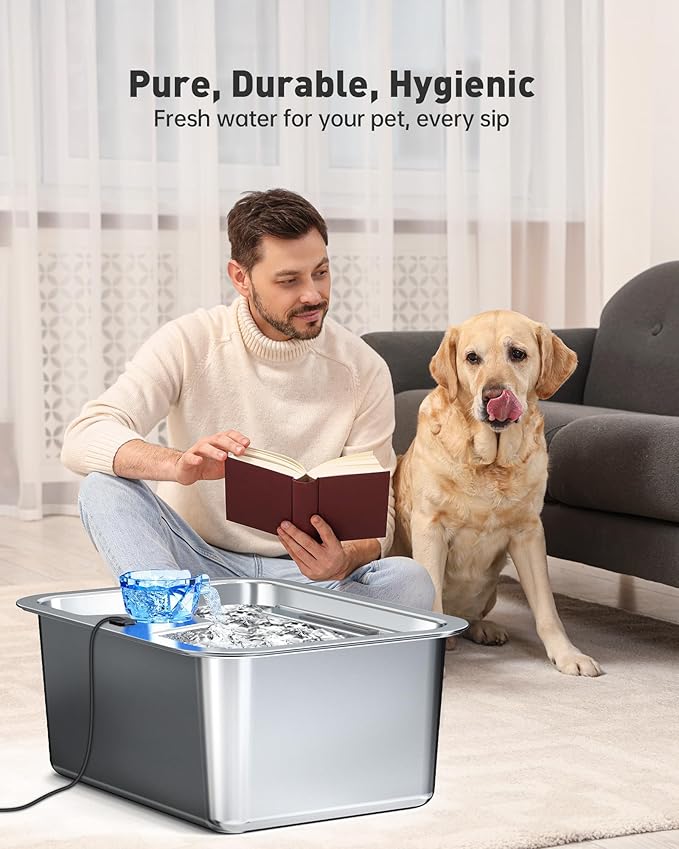 3 Gallon Large Dog Water Fountain - 11L Stainless Steel Pet Fountain with 4 Filters, Ultra Quiet Automatic Dog Water Bowl Dispenser for Extra Large & Multi-pet, Wide Drinking Area, Easy to Clean