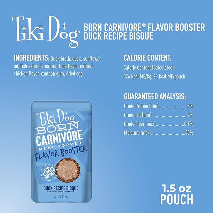 Tiki Dog Born Carnivore Flavor Booster, Duck Recipe Bisque, Grain Free Meat Based Treat, Meal Topper for All Dog Breeds and All Life Stages, 1.5 oz. 12 Count