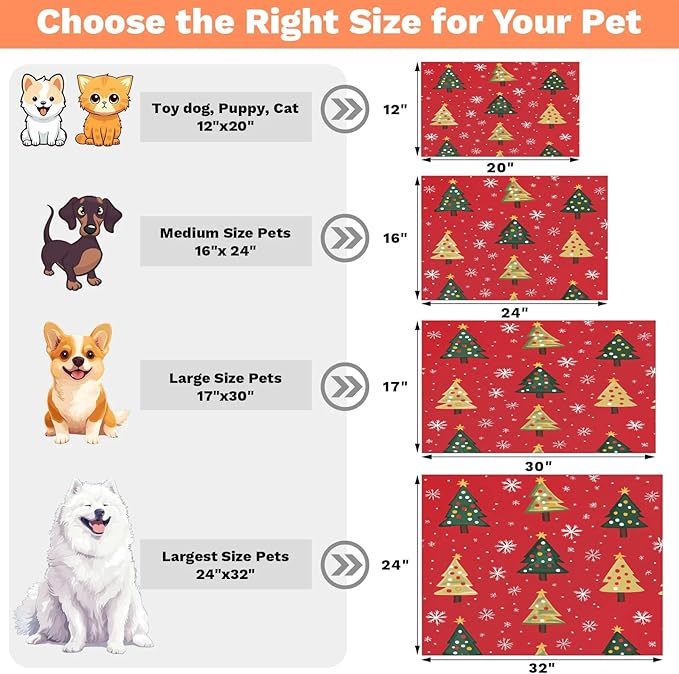 Xmas Trees Dog Food Mat for Floors Absorbent, Quick Dry Water Dispenser Mat for Food, Water, Pet Supplies 24" x 32", Christmas Snowflakes