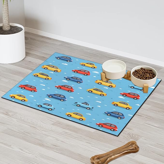 Cartoon Car Dog Food Mat for Floors Absorbent, Quick Dry Water Dispenser Mat for Food, Water, Pet Supplies 24" x 32", Transportation Taxi