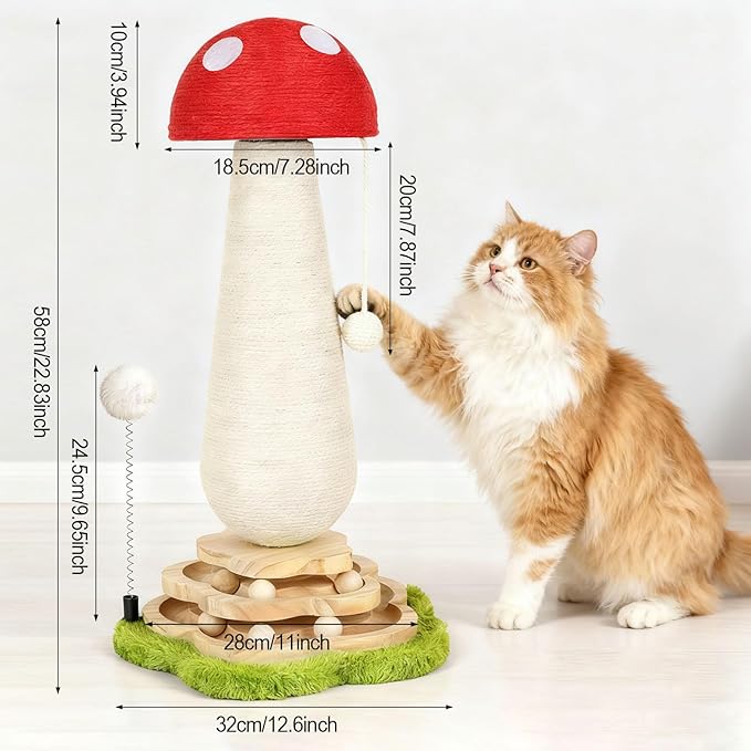 Mushroom Cat Scratching Post Cat Tree, Cute Cat Scratcher Tower with Interactive Ball Two-Layer Track Spring Ball Toys, Mushroom Scratch Post Cat Sisal Scratcher with Catnip for Indoor Cats