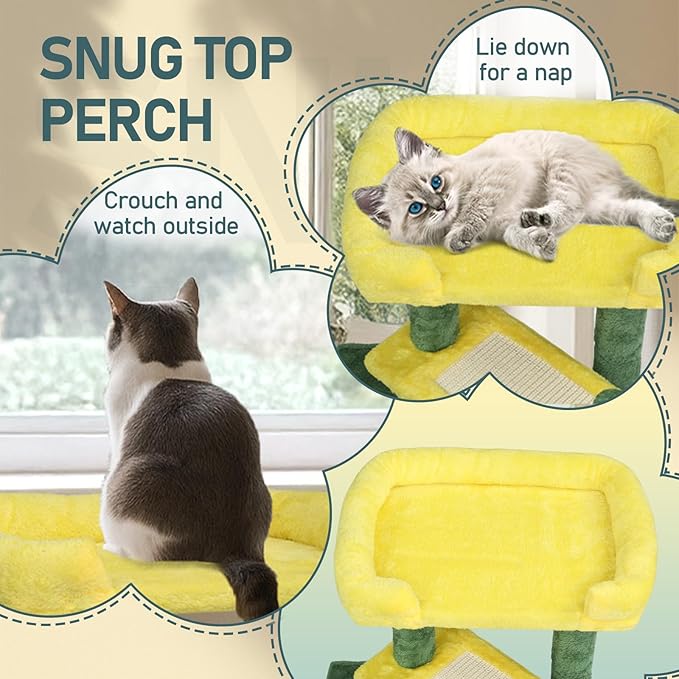27.5in Plush Cat Tree, Multi-Level Cat Tower with Scratching Post and Pad, Cozy Condo & Padded Perch, Dangling Ball for Kittens and Indoor Cats, Compact Cat Furniture for Small Spaces (Yellow & Green)