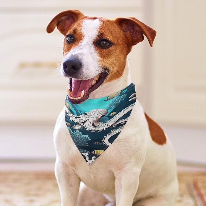 Dog Bandana Spring Pet Scarf Adjustable Triangle Marine Life Printing Dog Bib Washable Polyester Puppy Bandana for Small Medium Large Dogs Cat Birthday Party Supplies