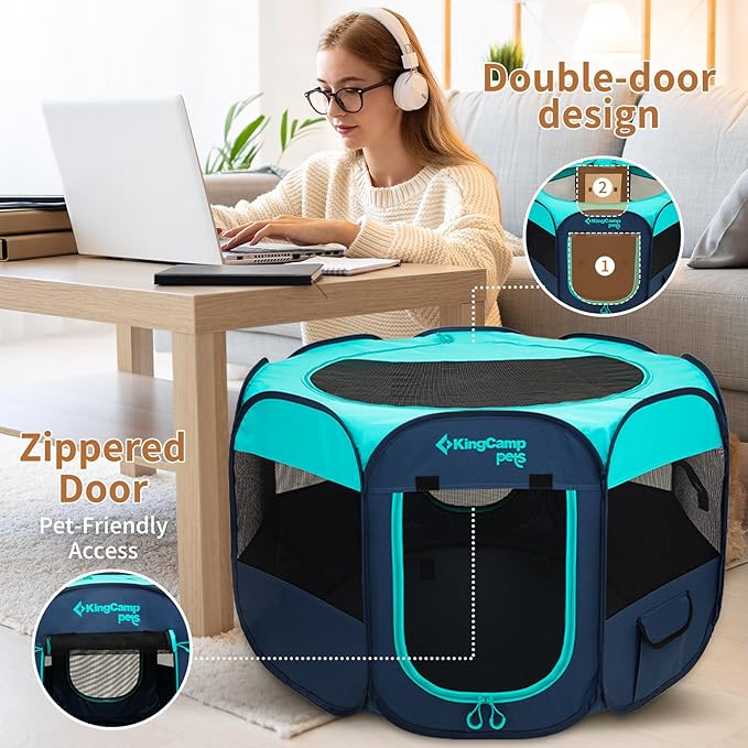 KingCamp Dog Playpen, Portable Foldable Cat Kitten Puppy Tent Crates 29"/36"/50" Pop Up Pet Playpen with Zippered Bottom & Cover for Indoor Outdoor Use (Medium, Green)