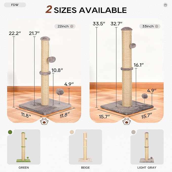 FDW 22 Inch Cat Scratching Post Cat Scratcher Natural Sisal Rope Scratch Post Kitten Trees with Hanging Ball for Indoor Cats,Light Gray