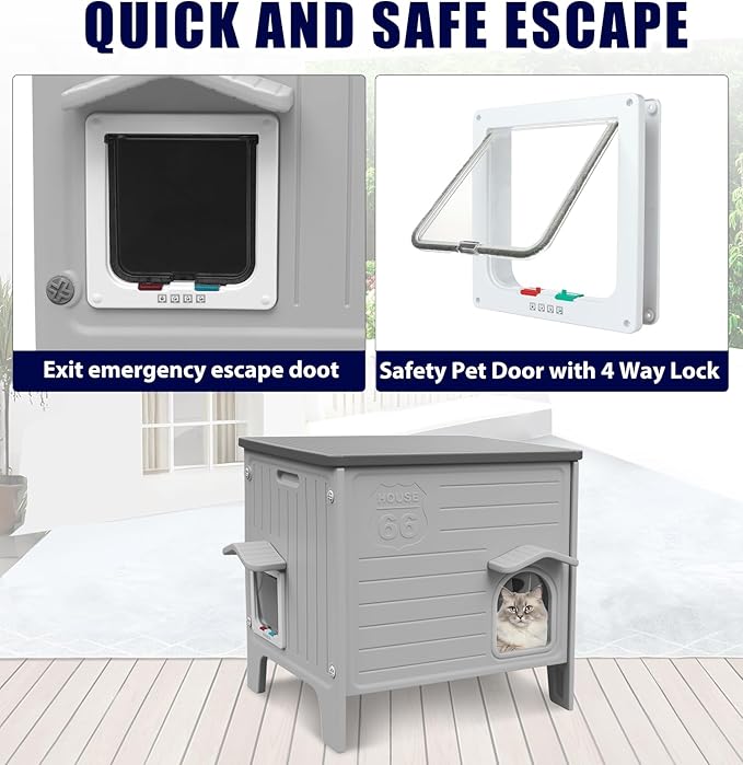 Plastic Cat House Outdoor & Indoor, Feral Cat Houses with Escape Door, Waterproof Outdoor Cat Shelter for Feral Stray Cat Kitty, Assemble Easily