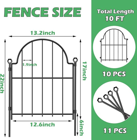 Garden Fence, 22 in(H) x 10.83 ft(L) Arched Rustproof Metal No Dig Fence Garden Fence Border, Ground Stake Animal Barrier Fence for Rabbit Dog, Outdoor Decor for Yard & Patio