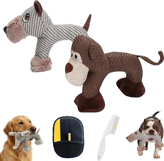 Linen Safari Companions, Squeaky Dog Chew Animals, Strudy Linen Fabric, Relieve Boredom and Anxiety in Dogs (Dog +Monkey)