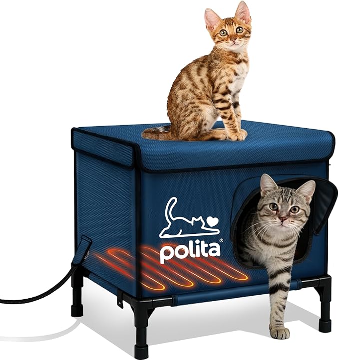 Polita Indestructible Heated Cat House for Outdoor Cats All Seasons, Extremely Insulated & 100% Weatherproof, Elevated Feral Cat Shelter with Waterproof Eaves &Safe Escape Door for Stray & Barn Cats