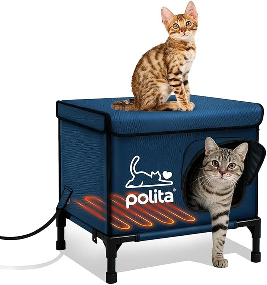 Polita Indestructible Heated Cat House for Outdoor Cats All Seasons, Extremely Insulated & 100% Weatherproof, Elevated Feral Cat Shelter with Waterproof Eaves &Safe Escape Door for Stray & Barn Cats