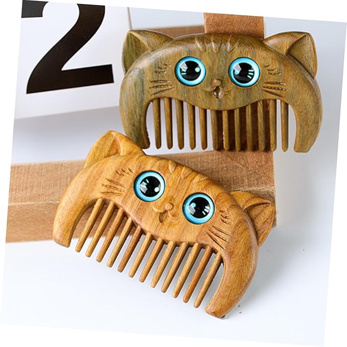 2pcs Natural Wooden Beard Comb Green Sandalwood Hair Comb Cat Brush for Haired Cats Grooming Tool