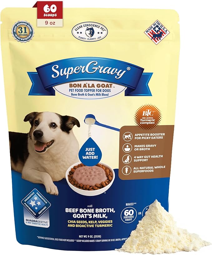 CLEAR CONSCIENCE PET® Bon A' La Goat™ SuperGravy® Natural Dog Food Gravy Topper, Hydration Broth Mix, Gluten and Grain Free Kibble Seasoning Powder Topper for Picky Eaters (9 oz. (60 Scoop))